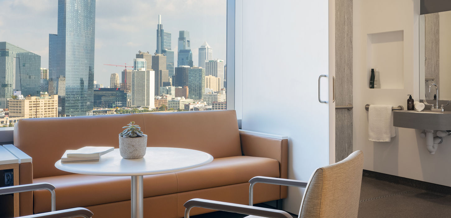 Modern waiting area with city view