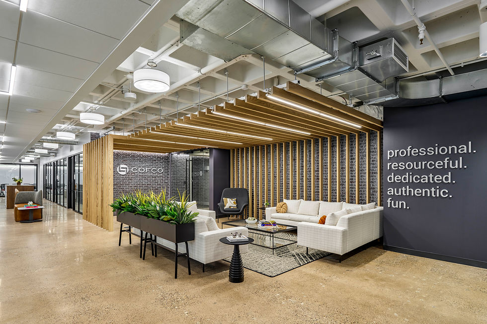 Modern office lounge: professional, resourceful, dedicated, authentic, fun
