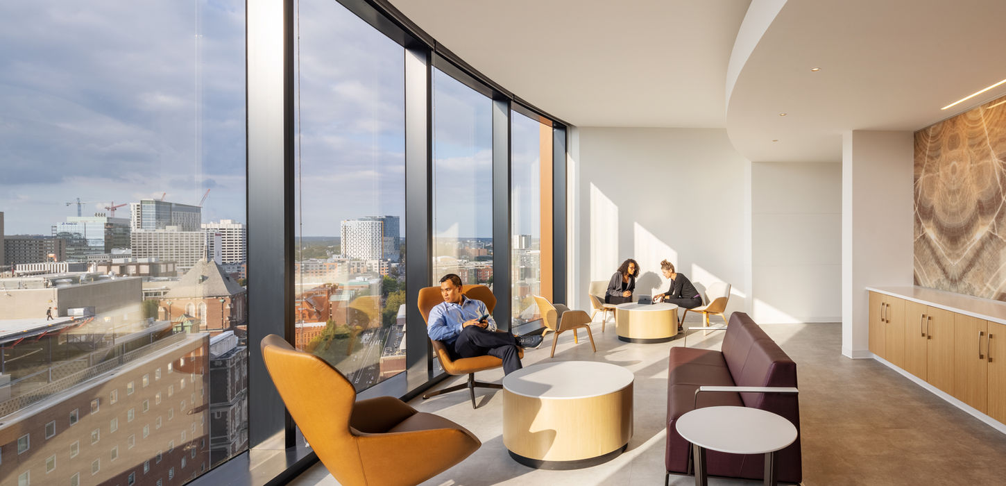 Modern office lounge with city view