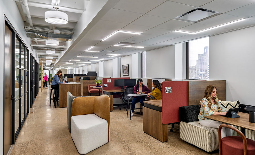 Contemporary COFCO, a Henricksen Company workspace in Philadelphia featuring Allsteel furniture, collaborative meeting zones, and modern open-office design with natural light and warm finishes.